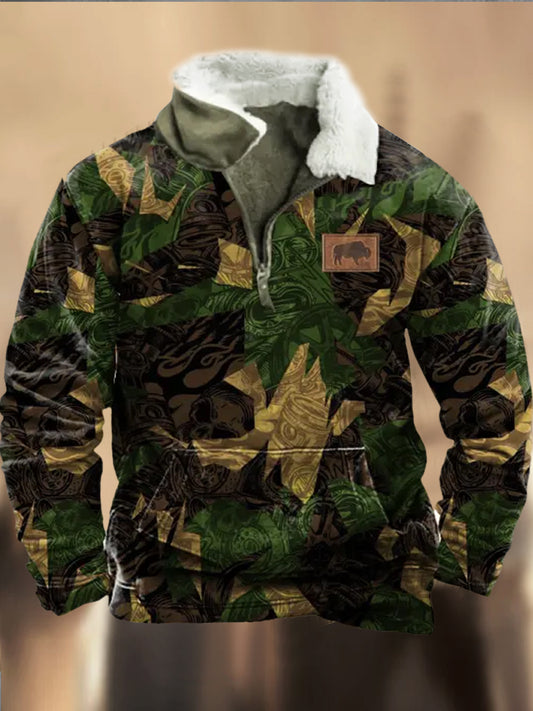 Retro Cowboy Camouflage Mønster trykt vestlig pelskrage V-hals utendørs tykk sweatshirt