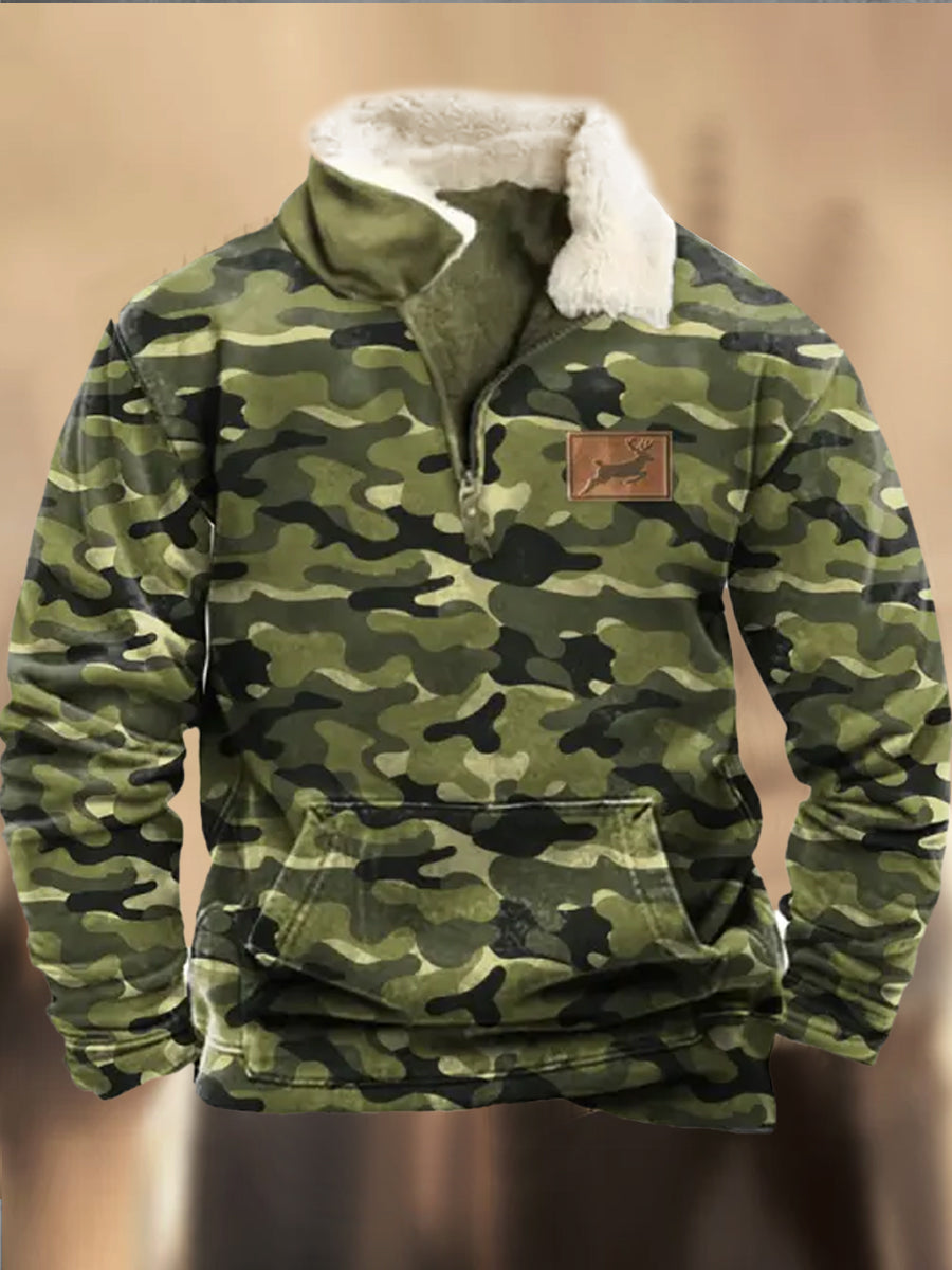 Retro Cowboy Camouflage Mønster trykt vestlig pelskrage V-hals utendørs tykk sweatshirt