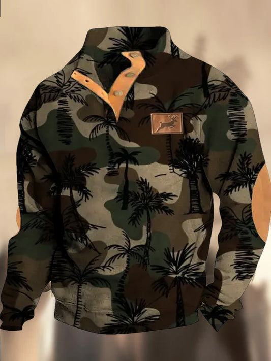 Retro Cowboy Camouflage Mønster trykt Western Knapp opp V-hals utendørs tykk sweatshirt