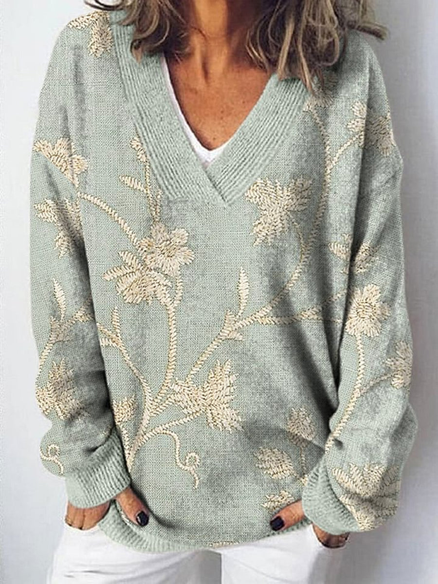 Elegant Retro blomstertrykt V-hals, komfortabel, lang-ærmet, løs Sweatshirt