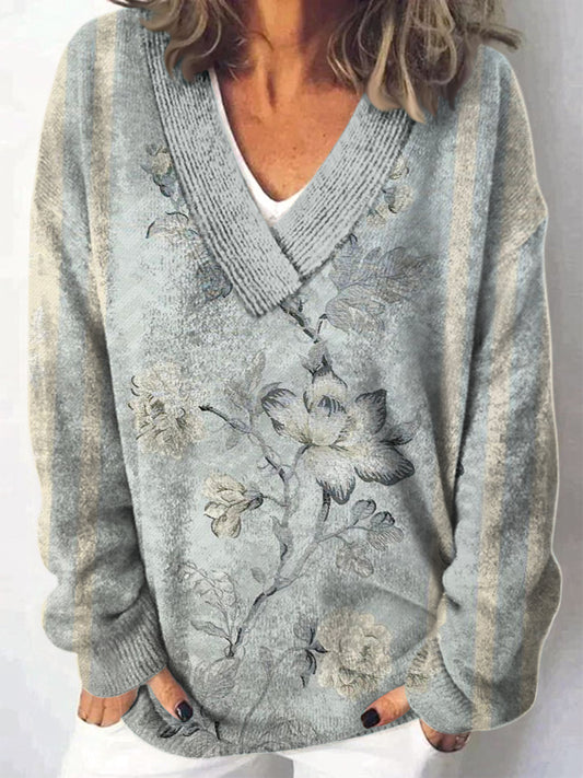 Elegant Retro blomstertrykt V-hals, komfortabel, lang-ærmet, løs Sweatshirt