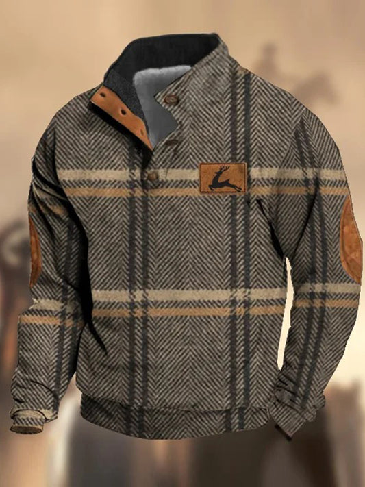 Retro teksturmønster trykt Western Vintage Henry-knapp V-hals utendørs tykk sweatshirt