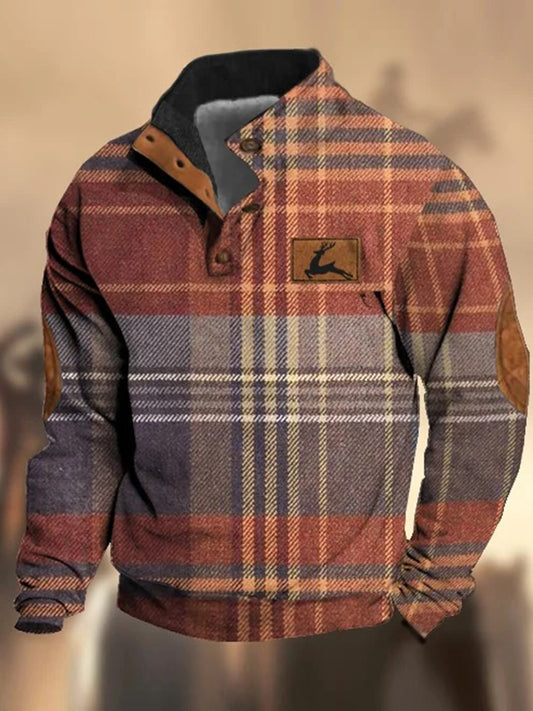 Retro teksturmønster trykt Western Vintage Henry-knapp V-hals utendørs tykk sweatshirt