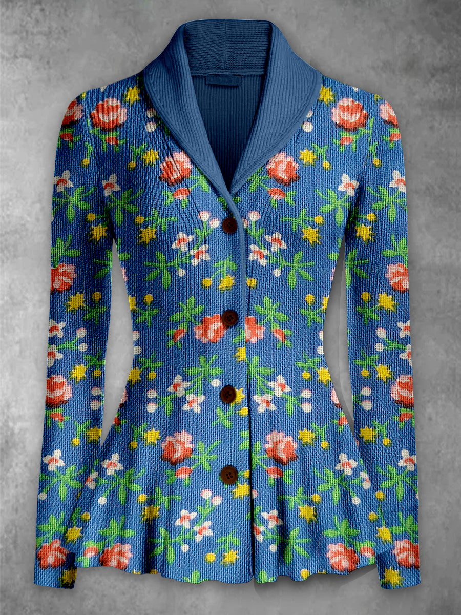 Retro blomstertrykt Elegant Lapel V-halsknapp opp tykk strik, langærmet trømmet