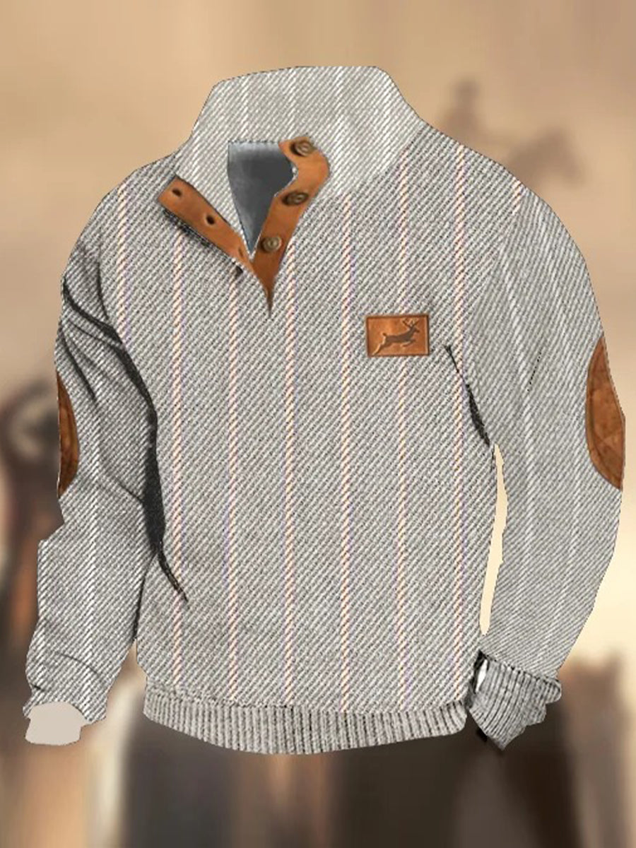 Retro teksturmønster trykt Western Vintage Henry-knapp V-hals utendørs tykk sweatshirt