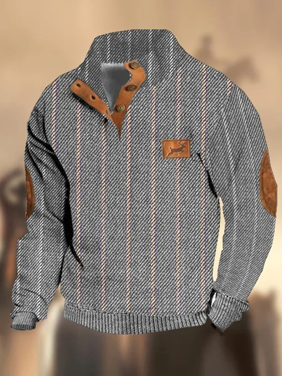 Retro teksturmønster trykt Western Vintage Henry-knapp V-hals utendørs tykk sweatshirt