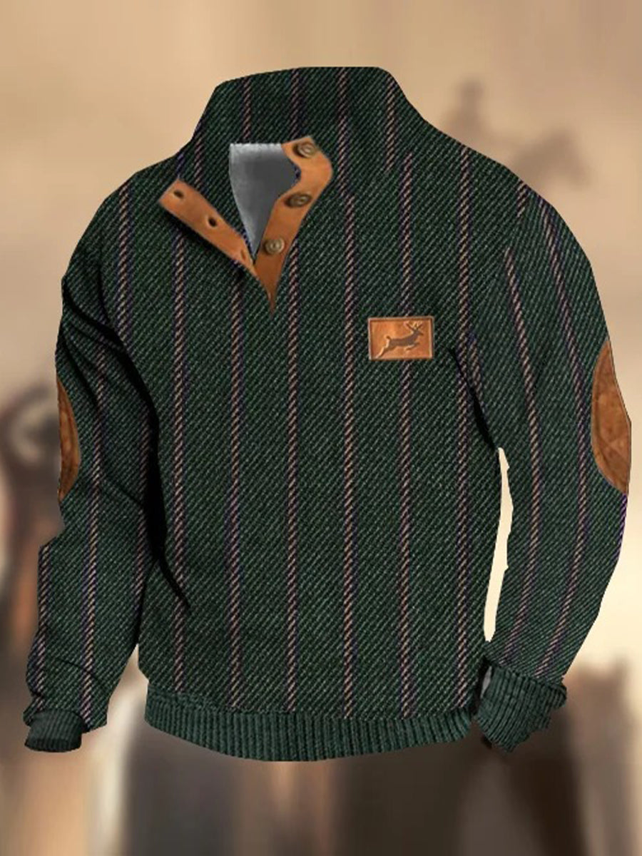 Retro teksturmønster trykt Western Vintage Henry-knapp V-hals utendørs tykk sweatshirt