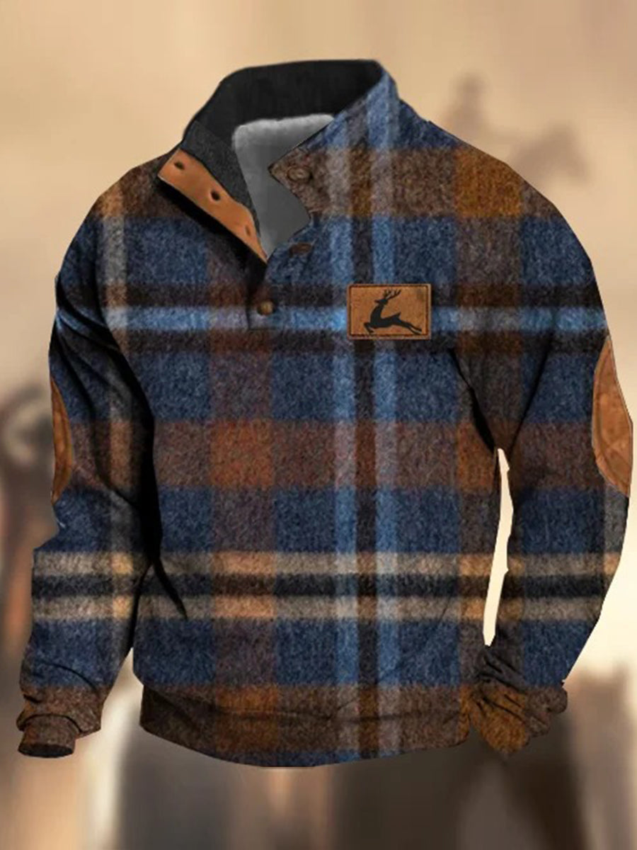 Retro teksturmønster trykt Western Vintage Henry-knapp V-hals utendørs tykk sweatshirt