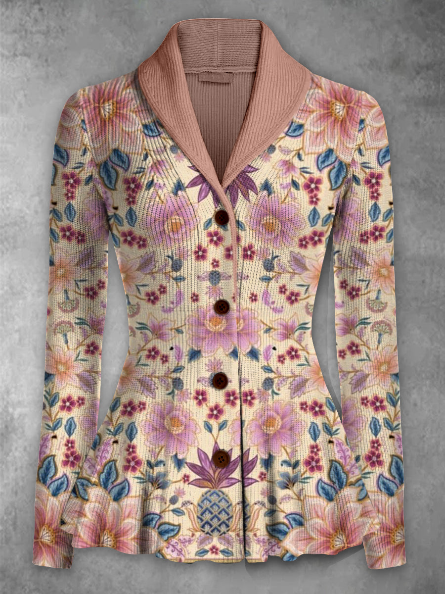 Retro Boho blomstertrykt Elegant lapel V-halsknapp opp tykk strik, langærmet kardigan topp