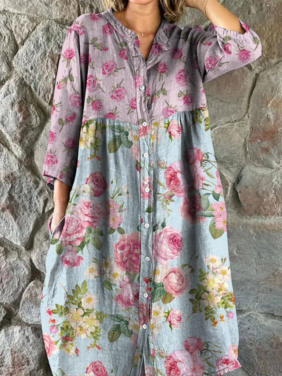 Retro Boho blomsterkunst utskrift Vintage Chic V-halsknapp opp langærme Midi-kjole