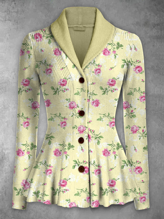 Retro Boho blomstertrykt Elegant lapel V-halsknapp opp tykk strik, langærmet kardigan topp