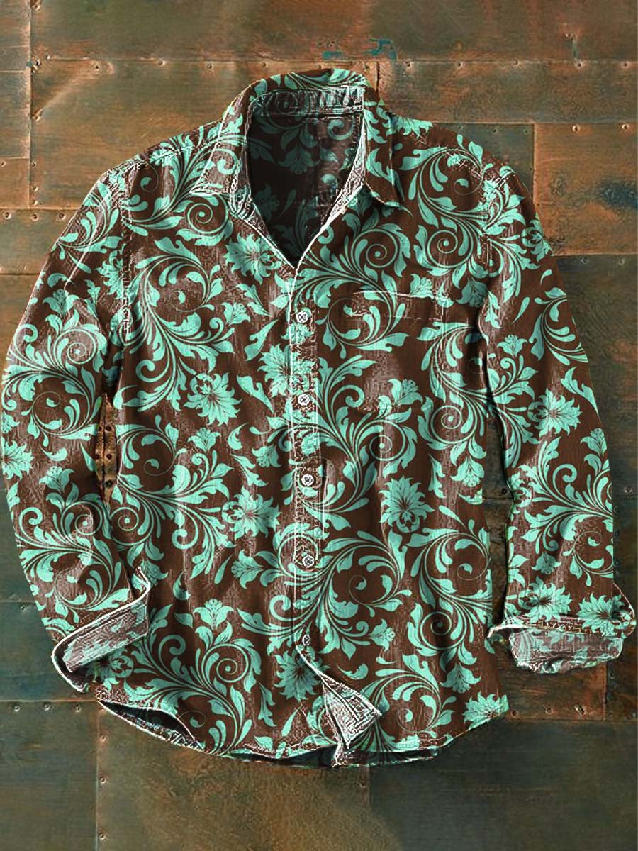 Herrens Vintage Western Print Casual Langærme Skjort