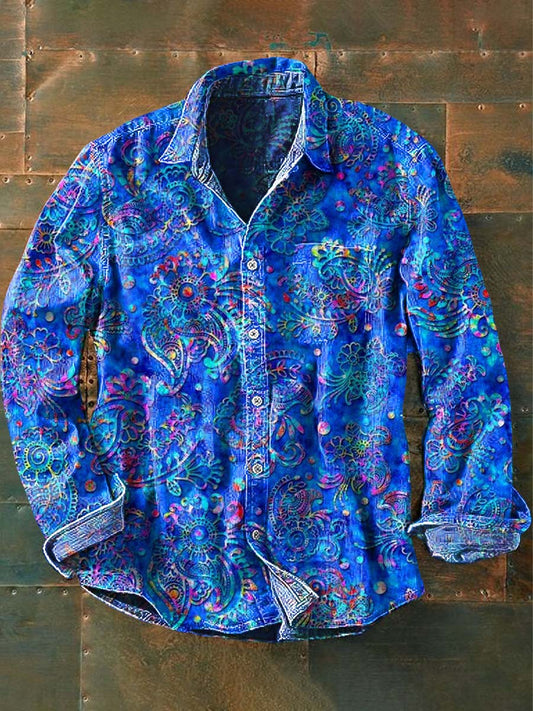 Herrens Vintage Western Print Casual Langærme Skjort