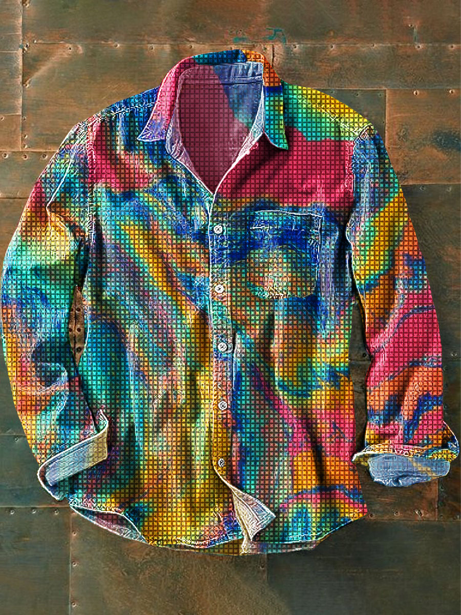 Unisex Vintage Neon Teksturert mosaikkkunst Skriv ut bomullsfisk langærme lommeskjort