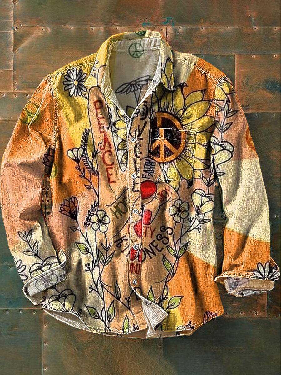 Unisex Vintage Fred og kjærlighet Daisy Art Print bomull Lapel Langærme Lomme skjorte