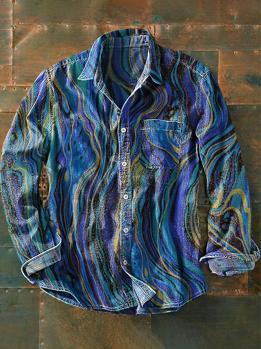 Unisex Vintage Gradient Marbled kunst skriv ut skipel lang erme lommeskjort