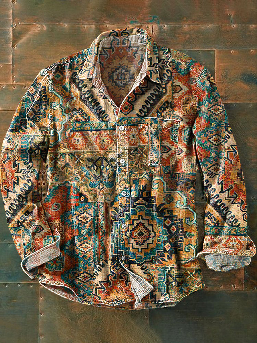 Unisex Vintage Western Etnisk Fargerik Geometrisk kunst Skriv ut bomullsfisk lang erme lommeskjort