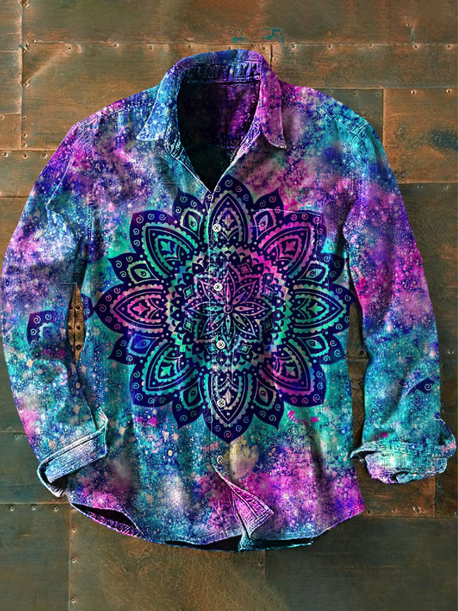 Menns Vintage punk Hippie fargerike Mandala mønstre kunst utskrift Casual Langærme Skjort