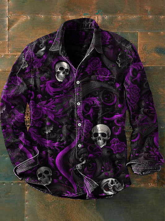 Menns Vintage Punk Skull Blomst kunst utskrift Casual Langærme Skjort