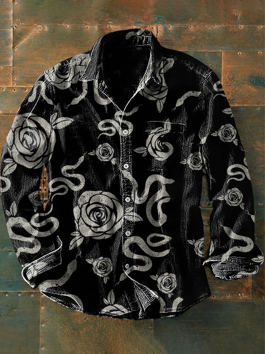 Menns Vintage Punk Mørk Rose slange kunst utskrift Casual Langærme Skjort