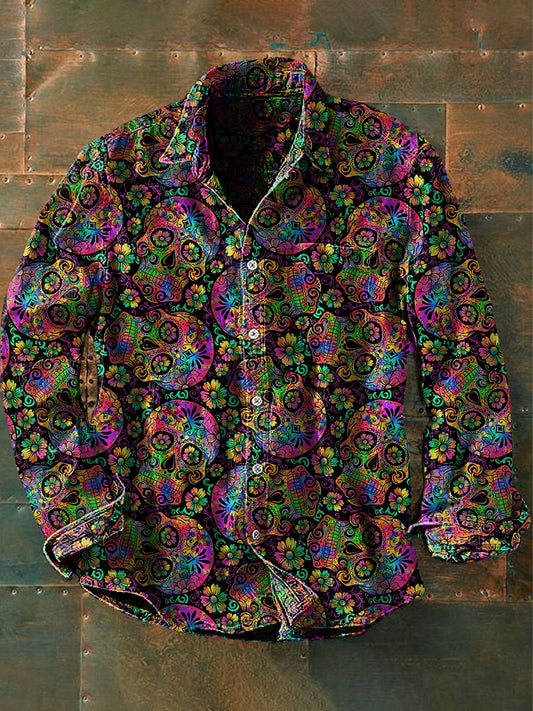 Menns Vintage Punk Hippie Fargerike Skull kunst print Casual Langærme Skjort