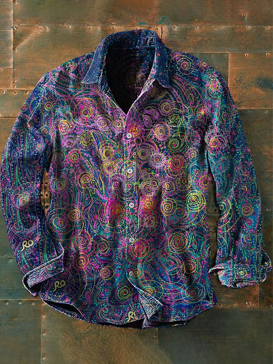 Menns Vintage Punk Hippie Fargerige blomster mønstre kunst utskrift Casual Langærme Skjort