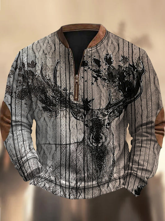 Cowboy teksturmønster trykt Western Village jakt logoknapp V-hals utendørs tykk sweatshirt