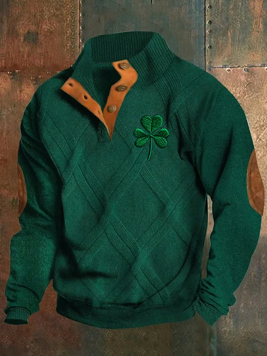 St Patricks teksturmønster trykt Western Village jaktlogoknapp V-hals utendørs tykk sweatshirt