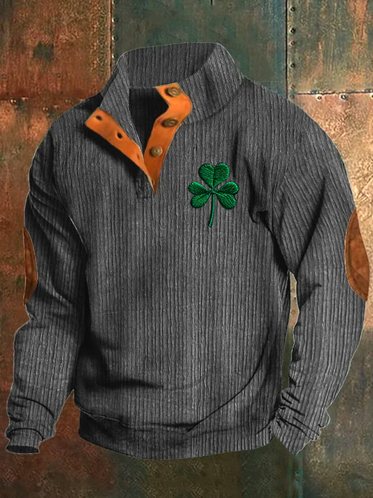 St Patricks teksturmønster trykt Western Village jaktlogoknapp V-hals utendørs tykk sweatshirt