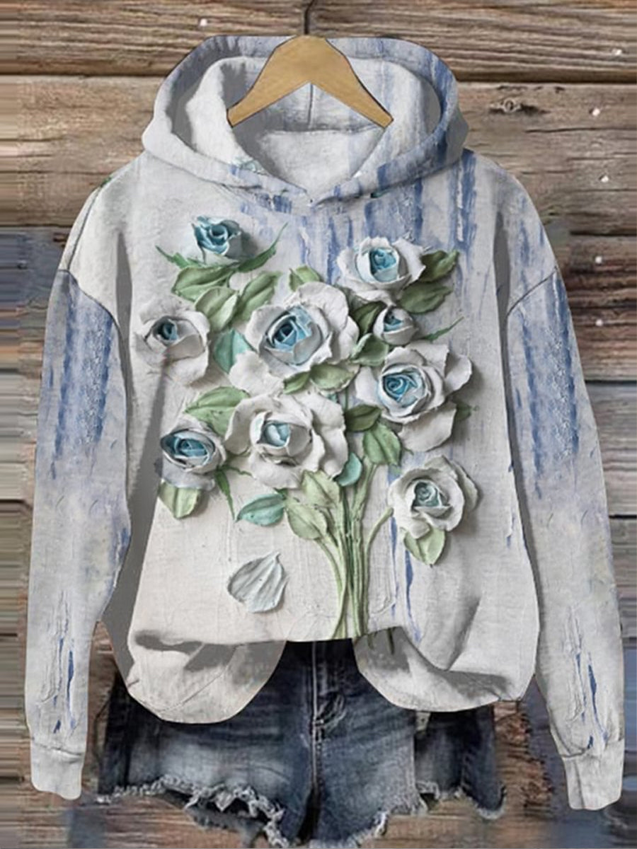 Retro romantisk blomstertrykt besetning og hals Behagelig bomullsblanding langært løs hættet sweatshirt