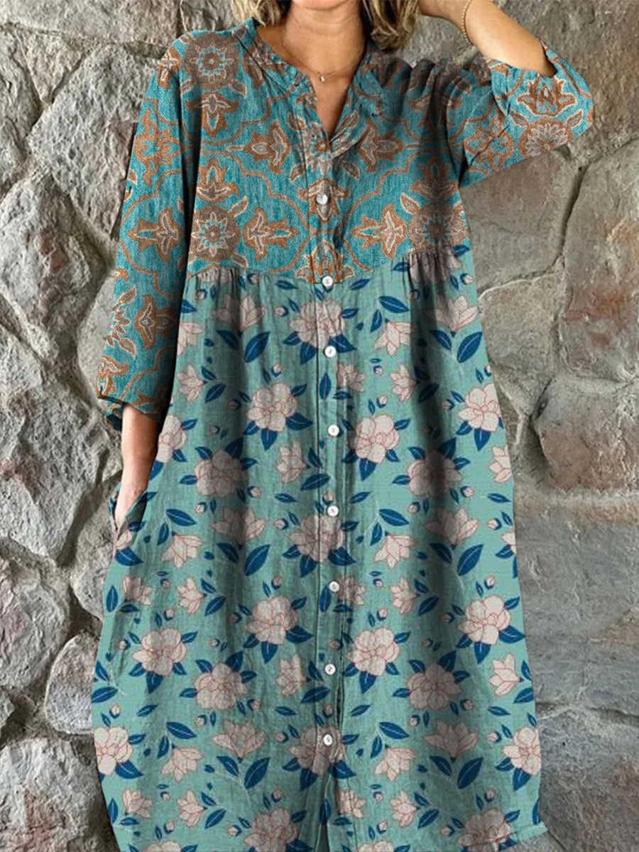 Retro Boho blomsterkunst utskrift Vintage Chic V-halsknapp opp langærme Midi-kjole