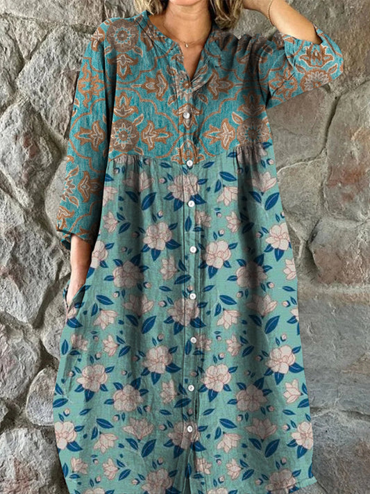 Retro Boho blomsterkunst utskrift Vintage Chic V-halsknapp opp langærme Midi-kjole