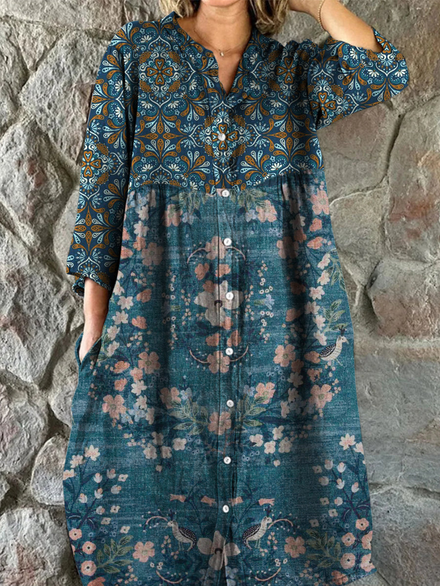 Retro Boho blomsterkunst utskrift Vintage Chic V-halsknapp opp langærme Midi-kjole