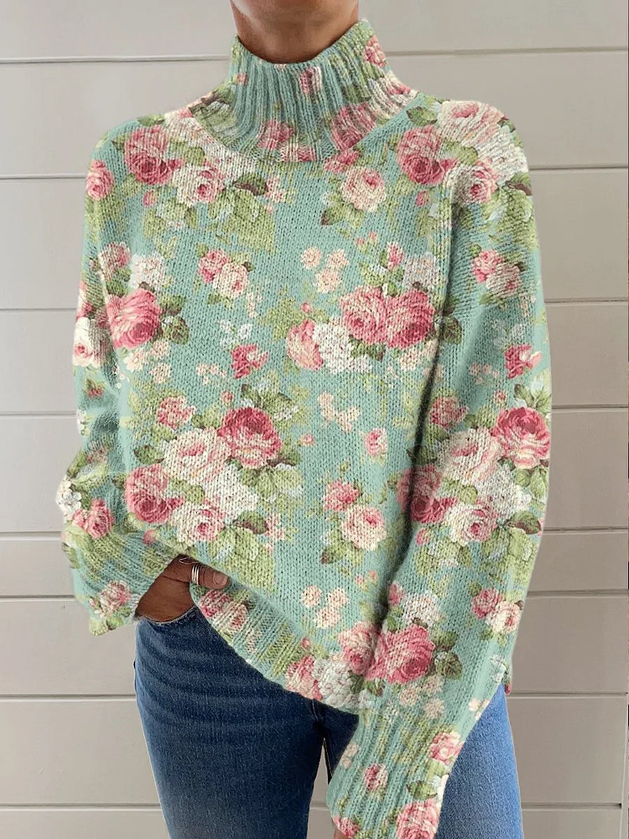 Damens mote Elegant kunst blomstrer Print Langærme Turtlenkauk