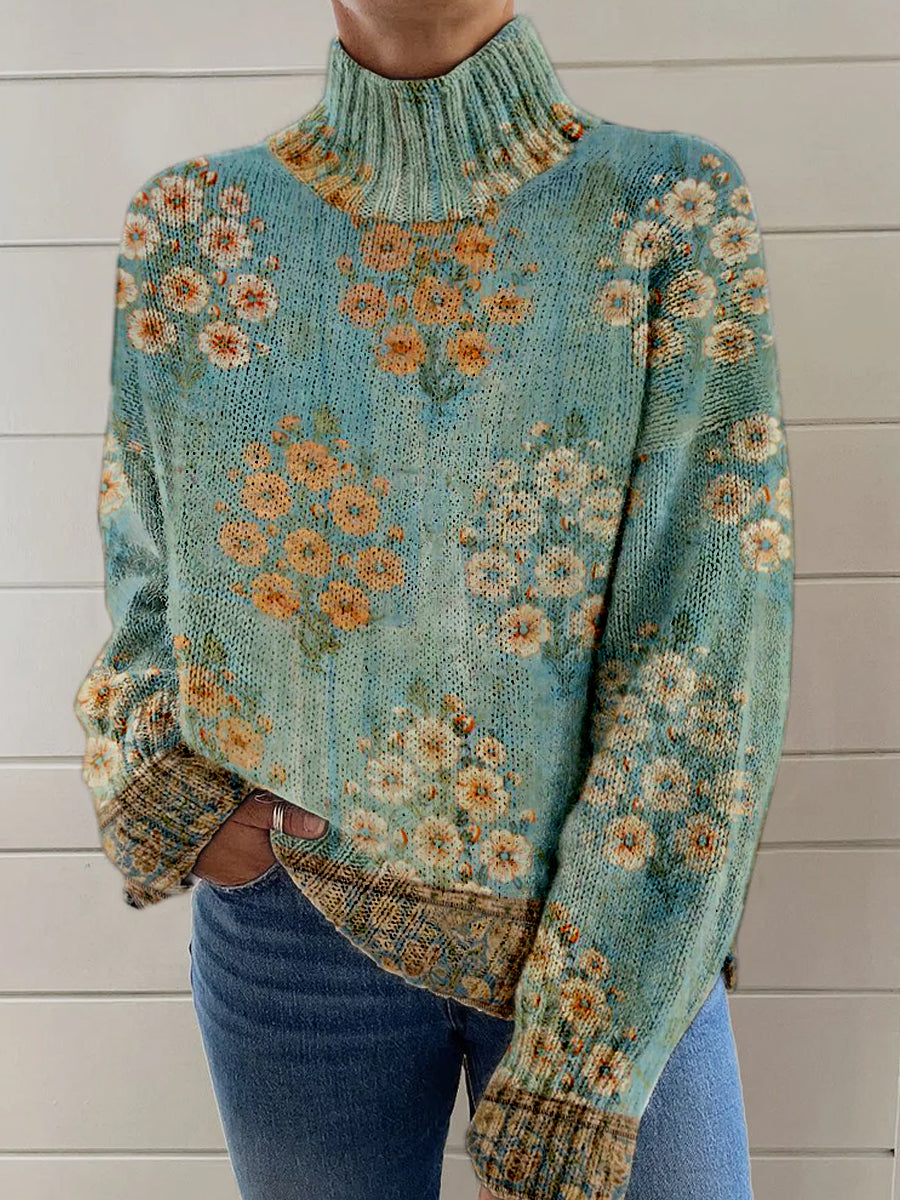 Vintage Boho Floral Lappeverk Skriv Strik turtlensjekk pullover, langærmet