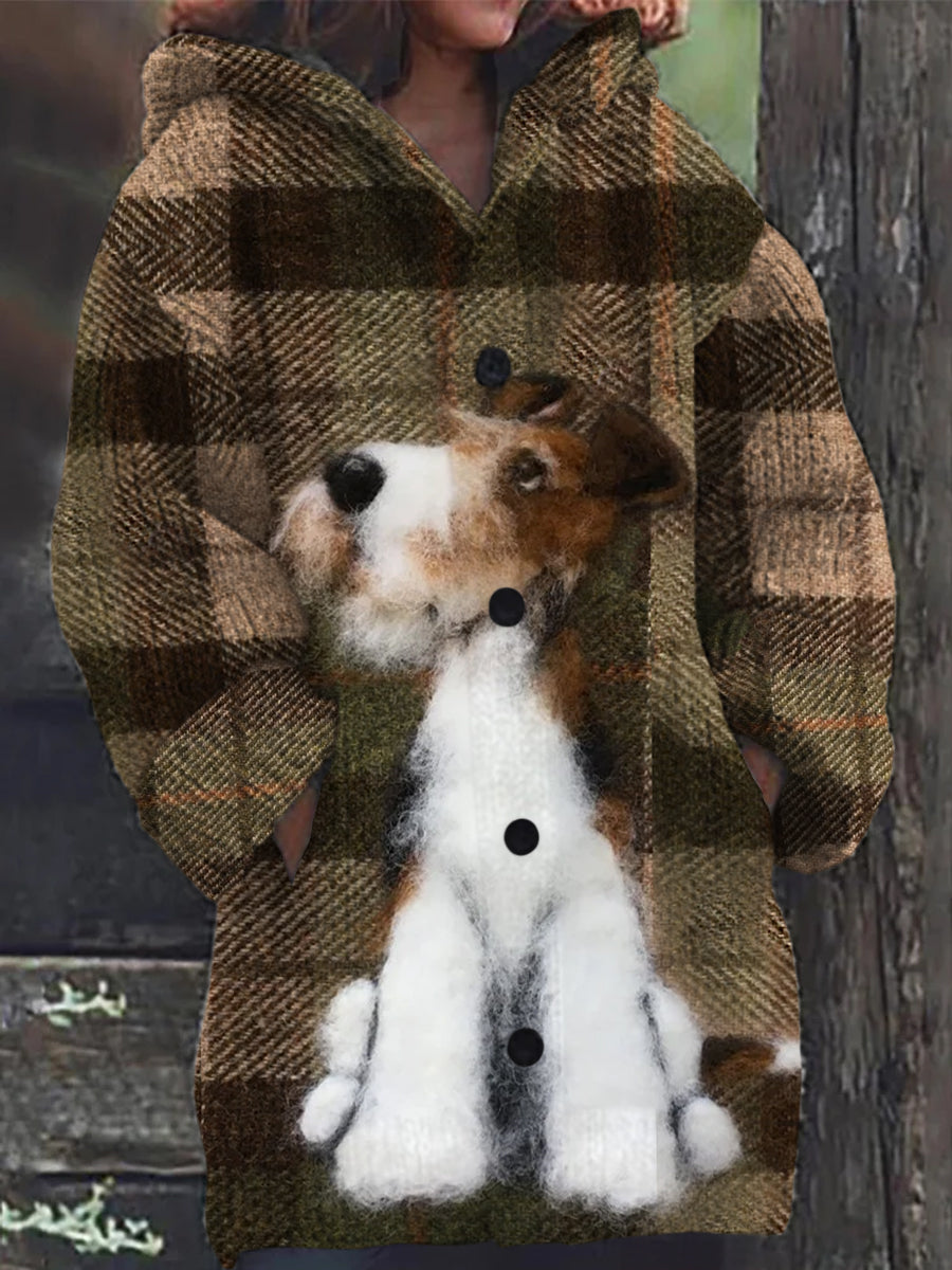 Retro Wire Fox Terrier hundelsker utskriftsknapp opp tykk langæret Hooded Cardigan Strikk sweeter