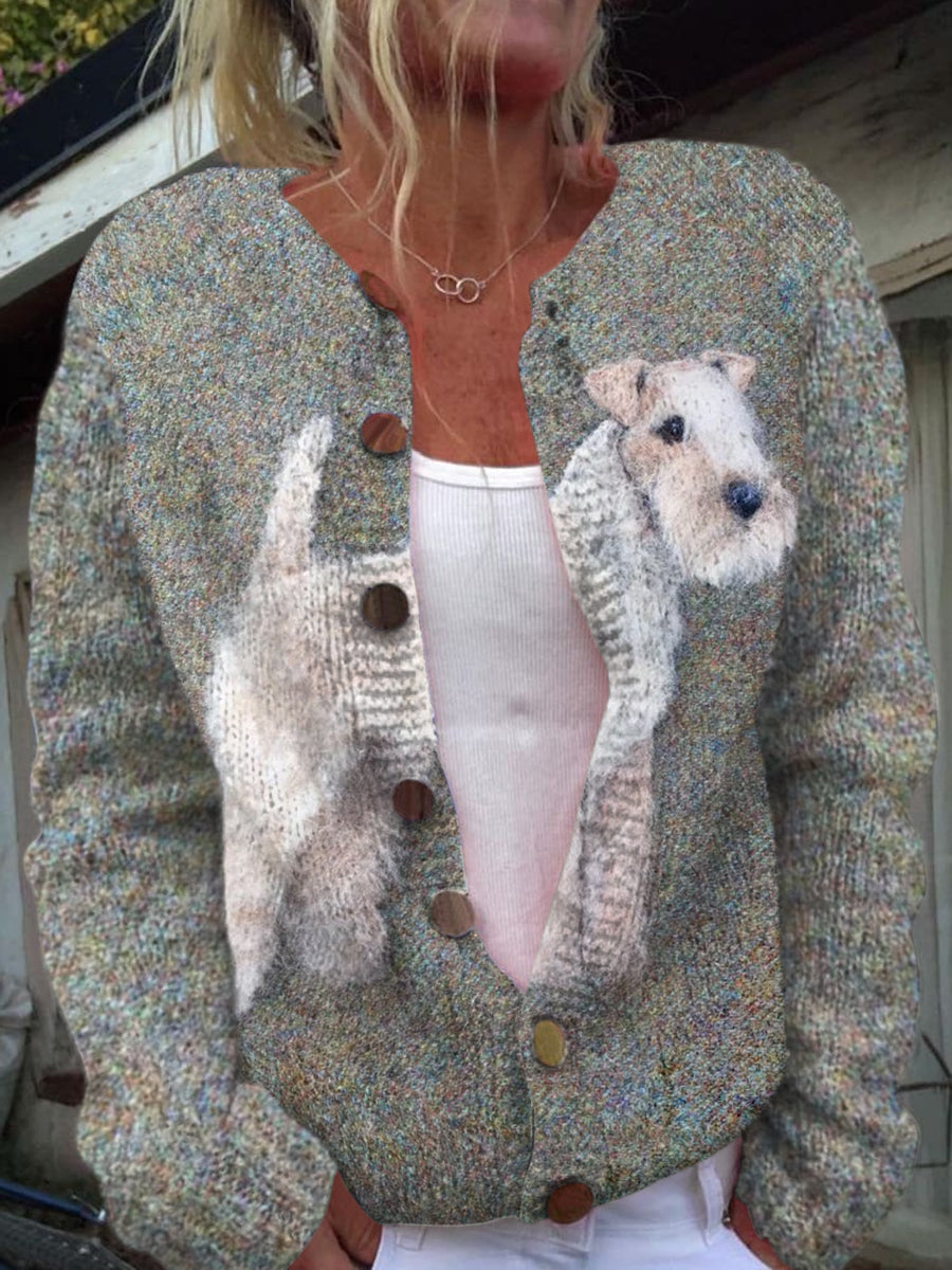 Retro Terrier gruppe søt hund utskrift kneppet Casual Langæret Strikket Cardigan Sweater.