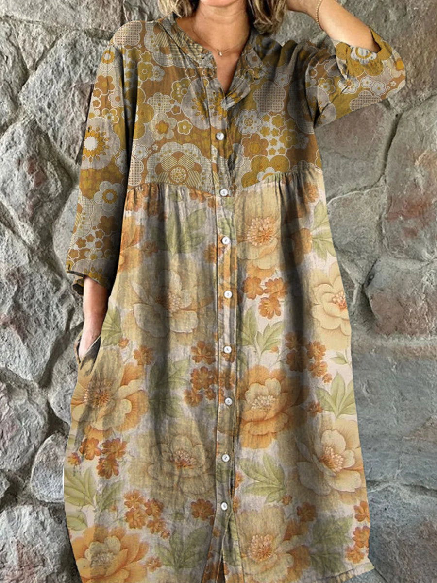 Retro Boho blomsterkunst utskrift Vintage Chic V-halsknapp opp langærme Midi-kjole