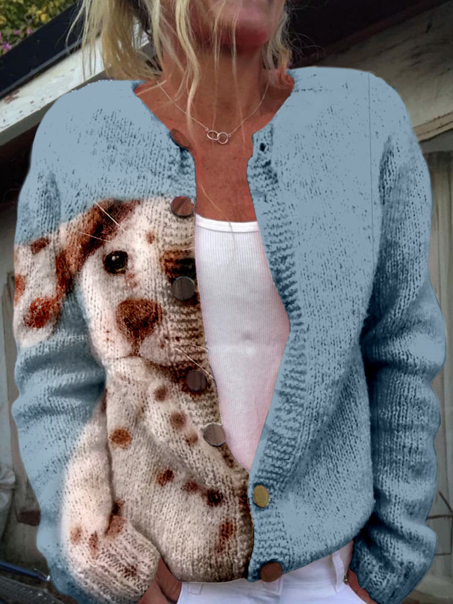 Retro søt hund utskrift kneppet Casual Lang-ærmet Strikket Cardigan sweaterComment