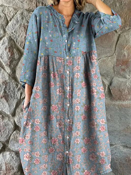 Retro Boho blomsterkunst utskrift Vintage Chic V-halsknapp opp langærme Midi-kjole