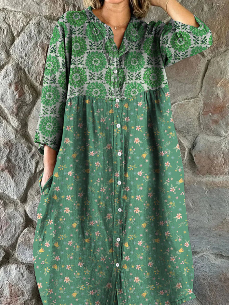 Retro Boho blomsterkunst utskrift Vintage Chic V-halsknapp opp langærme Midi-kjole