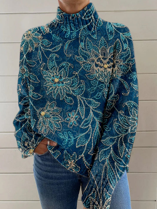 Vintage Boho Floral Lappeverk Skriv Strik turtlensjekk pullover, langærmet