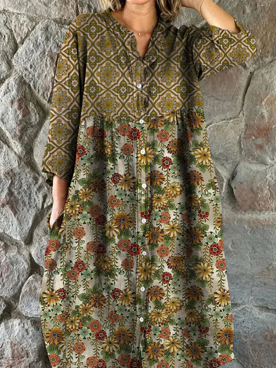 Retro Boho blomsterkunst utskrift Vintage Chic V-halsknapp opp langærme Midi-kjole