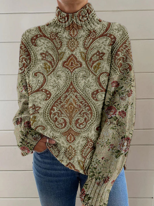 Vintage Boho Floral Lappeverk Skriv Strik turtlensjekk pullover, langærmet