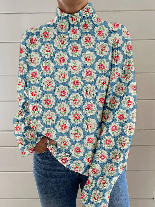 Vintage Boho Floral Lappeverk Skriv Strik turtlensjekk pullover, langærmet