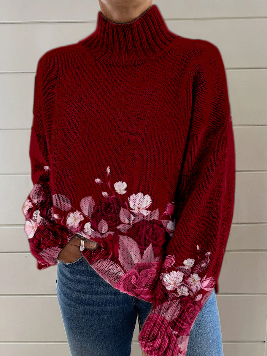 Vintage Boho Floral Lappeverk Skriv Strik turtlensjekk pullover, langærmet