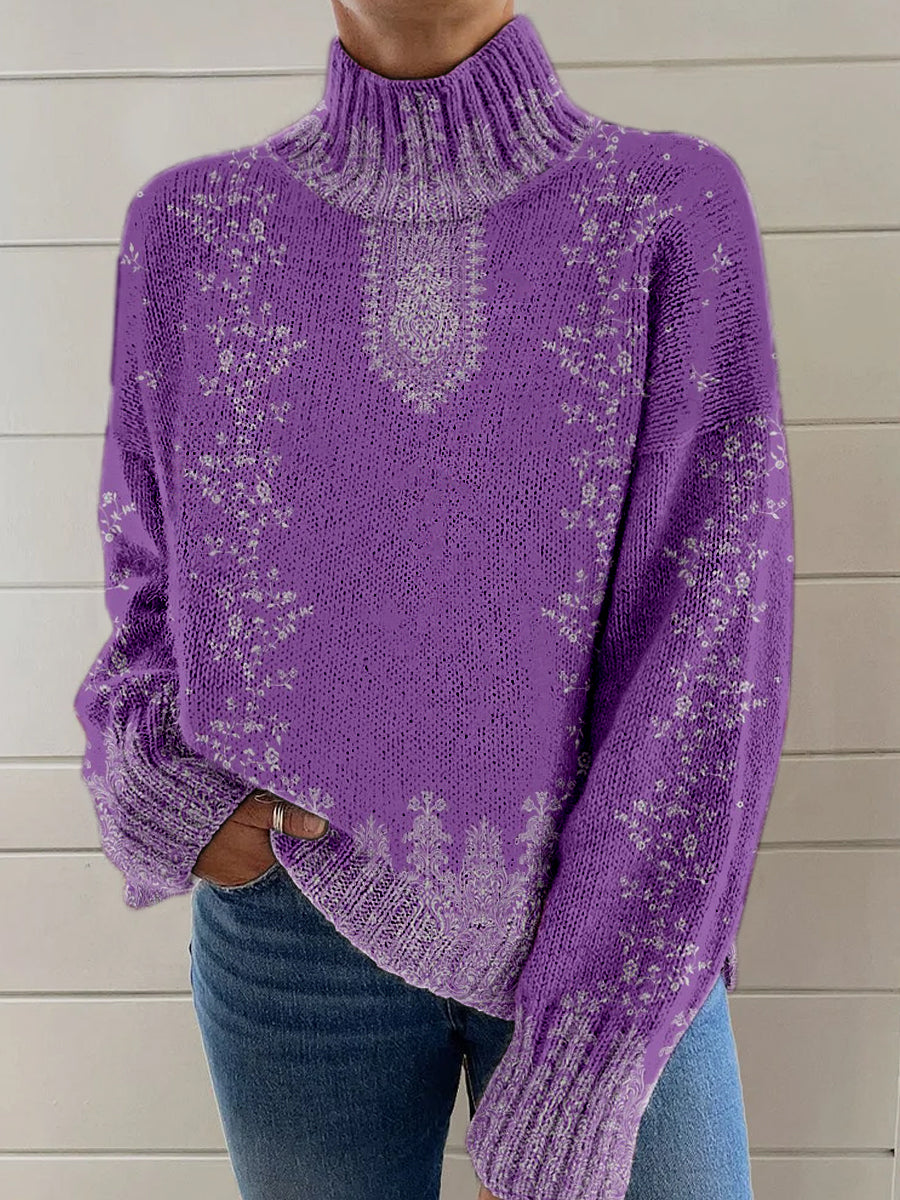 Vintage Boho Floral Lappeverk Skriv Strik turtlensjekk pullover, langærmet