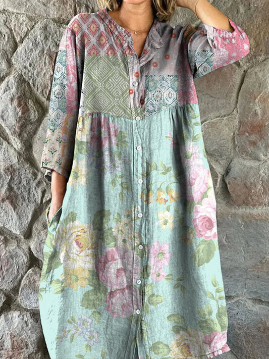 Retro Boho blomsterkunst utskrift Vintage Chic V-halsknapp opp langærme Midi-kjole