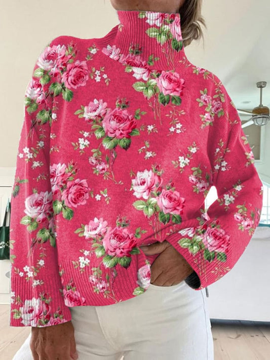 Klassisk Floral Patchwork Print Strikket Turtleneck Pullover