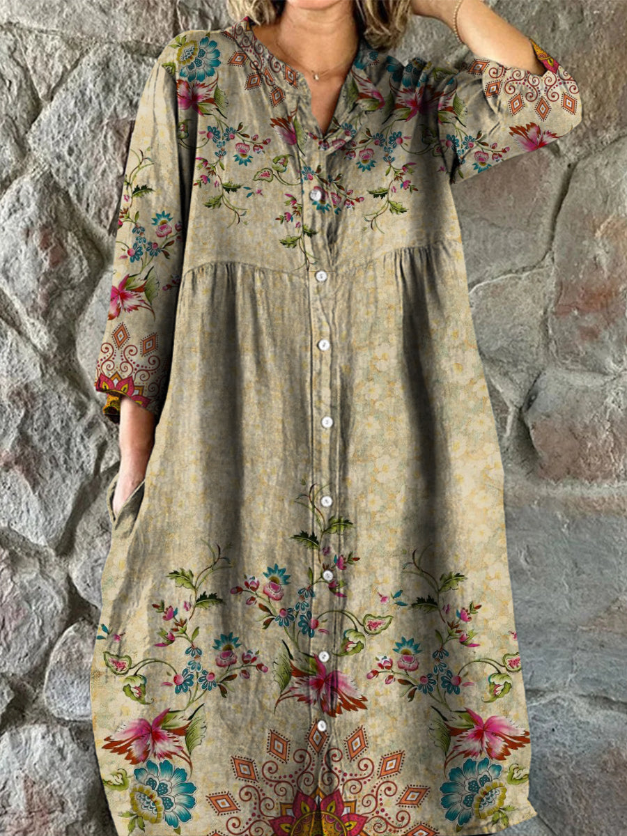 Retro Boho blomsterkunst utskrift Vintage Chic V-halsknapp opp langærme Midi-kjole